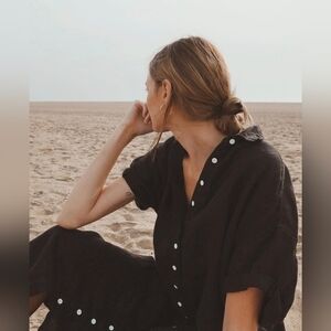 Olympia Etal Rhodes Black Chambray Linen Button Down Shirt Dress